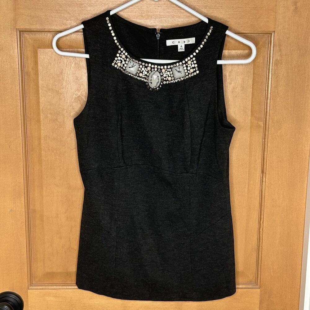 Cabi Y2K Glitz Shell Size 4 Charcoal Gray Jeweled Sleeveless Back Zip Style 508